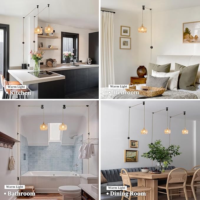 Shenmoyl Plug in Pendant Light Hanging Light Fixture Corded On/Off Switch Brass Pendant Light with Amber Striped Glass Lampshade for Bedroom Living Room Kitchen Island