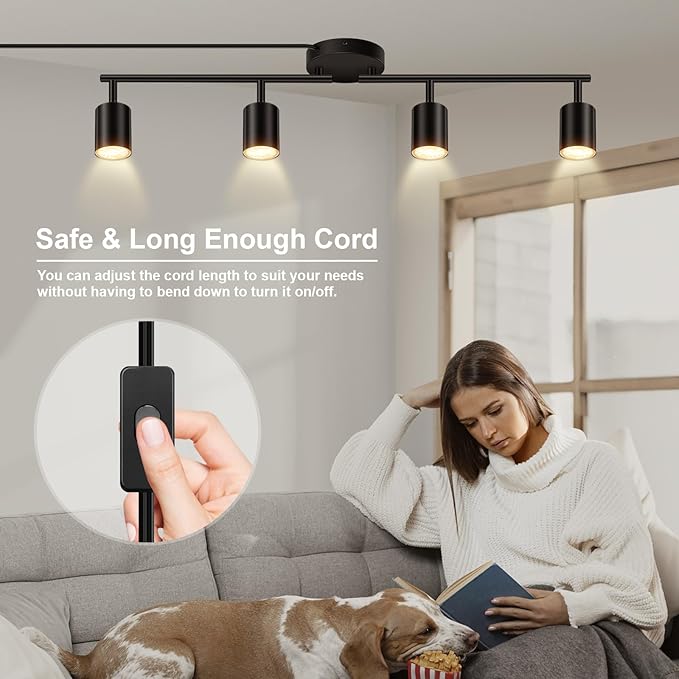 Plug in Track Lighting, LED Track Lighting Fixtures Ceiling, Black 4-Light Kitchen Light Kit, Plug in Wall Light with 14.8ft Power Cord, Rotatable Ceiling Spotlight for Bedroom(GU10 Socket, NO Bulb)