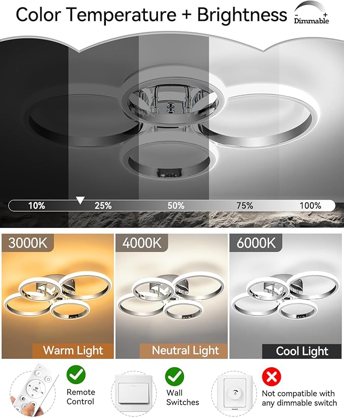 21.3in Chrome Modern LED Ceiling Light Fixture with Remote Control, 3000K-6500K 3-Color Dimming Circle Modern Ceiling Lamp Bedroom Kitchen Living Room Dining Room