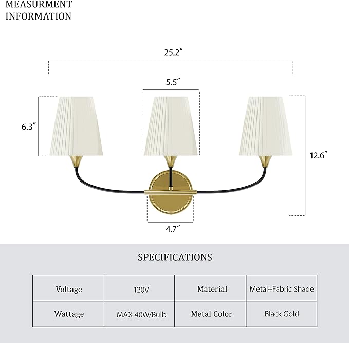 Bathroom Light Fixtures Over Mirror, 3 Light Vanity Light for Bathroom, Black Gold Vanity Light Fixtures with Flared Ivory White Fabric Shade, E26 Socket Modern Sconce Wall Decor(ETL Listed)