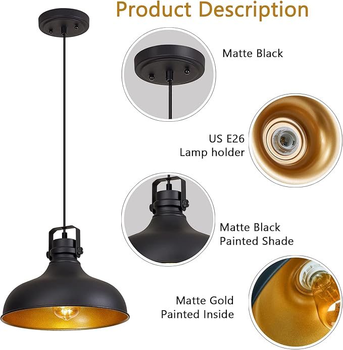 Black Farmhouse Pendant Lights Matte Pendant Lighting for Kitchen Island Industrial Adjustable Height Vintage Dome Hanging Light Fixtures for Barn, Dining Room 1 Pack