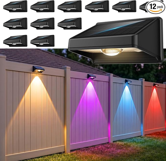 Solar Fence Lights Outdoor,White & RGB 8 Colors 12Pack Fence Lights Solar Powered Ultra-Bright LED Lens IP65 Waterproof Solar Patio Lights for Outside,Deck/Flood/Backyard/Yard /Step/Railings/Wall