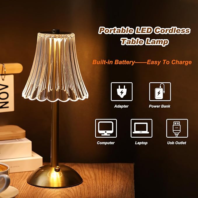 Liliful 20 Pcs Cordless Table Lamp Rechargeable Touch LED Small Gold Portable Battery Operated USB-c Desk Lamp 3 Color Dimmable for Bedroom Living Room Dining (Gold,Rose Style)