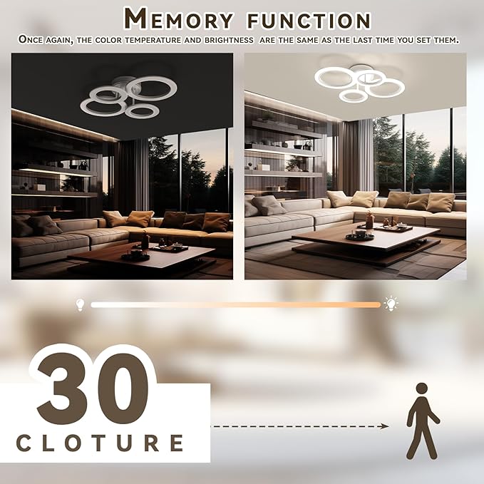 48W LED Ceiling Light, 2800K-7000K Dimmable Kitchen Light Fixtures, White 4 Arylic Ring Flush Mount Lights for Living Room, Round Chandeliers Lampara de Techo for Bedroom, Small Room