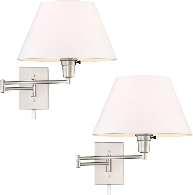 Kira Home Cambridge 15" Set of 2 Modern Swing Arm Wall Sconce with White Empire Fabric Shade, 2-in-1 Plug in or Hardwired Wall Lamp with 3-Way Switch, Satin Nickel Finish
