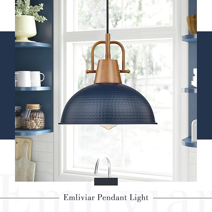 Emliviar Dome Pendant Light, Wood Adjustable Hanging Lamp with Hammered Metal Shade, Blue Finish, GE269MIL BL+WD