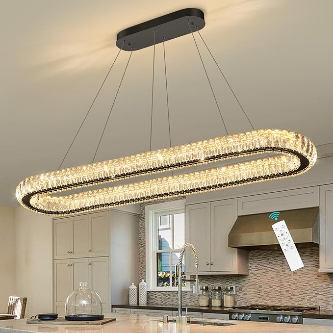 HAIXIANG LED Oval Ring Chandelier Crystal Pendant Lighting for Dining Table Kitchen Island Remote Dimmable Hanging Light Chandeliers for Entryway Living Room Lights Black