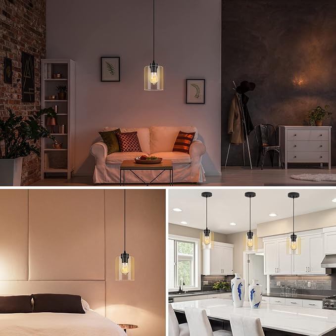 BoostArea Modern Pendant Light Fixtures, Industrial Hanging Ceiling Lamp with Clear Glass Shade, Farmhouse Black Pendant Lighting for Kitchen Island Decor Living Room Hallway Bedroom Dining（2 Pack）