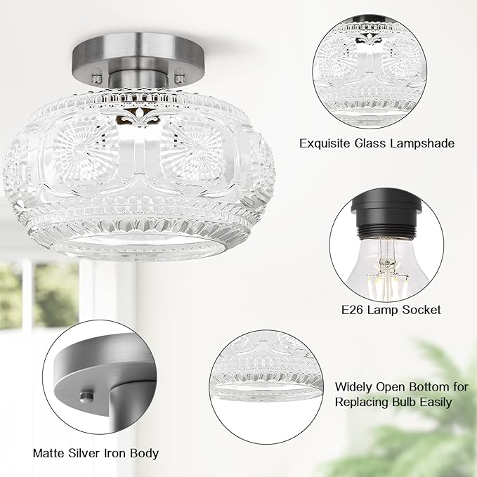Brushed Nickel Semi Flush Mount Ceiling Light, Glass Shade Modern Ceiling Light Fixture, Lighting for Hallway Bedroom Entryway Kitchen Porch