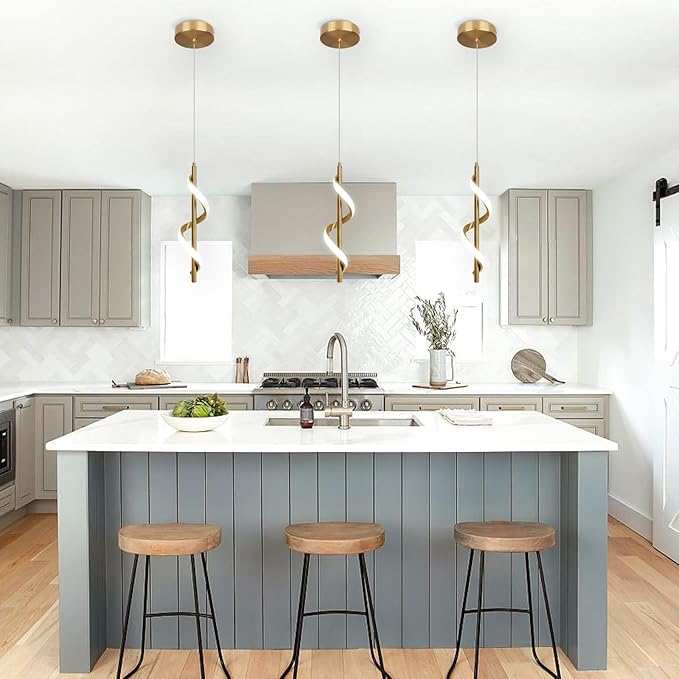 CANEOE Gold Pendant Light, Spiral Modern Led Pendant Lighting for Kitchen Island, 5500K Brushed Brass Ceiling Hanging Light Fixture for Dining Room Bedroom Sink Table Small Pendant Lights