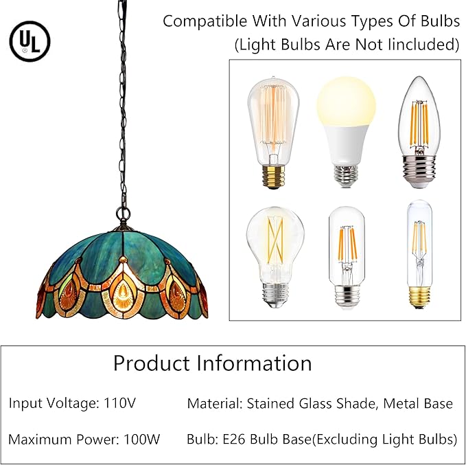 Tiffany Pendant Light Plug in Stained Glass Hanging lamp 12X12X181 Inch Hanging Lamp Living Room Bedroom Kitchen Dining Room Office（Peacock Crystal Style