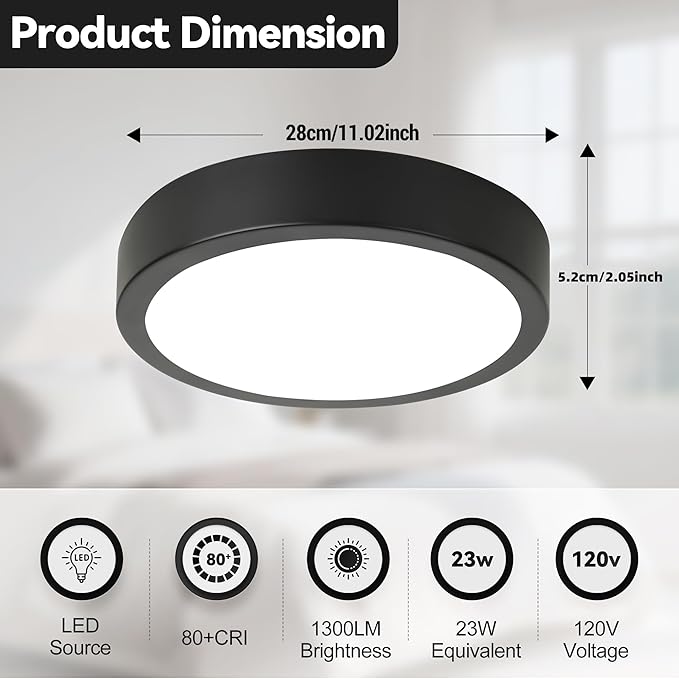 11" LED Flush Mount Ceiling Light, Black Modern Ceiling Light Fixture with 5CCT 2700K-5000K, Dimmable LED Light Fixtures Ceiling Mount for Kitchen Bathroom Bedroom Hallway