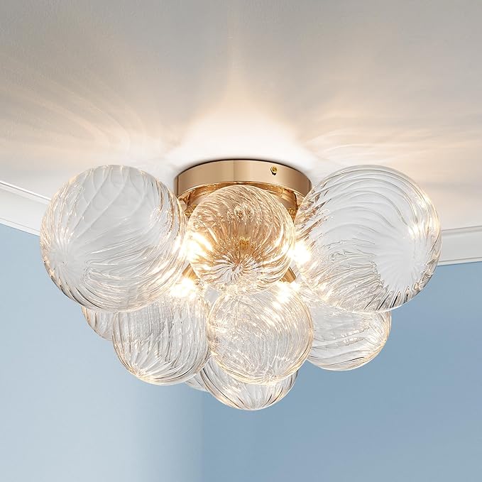 AGV LIGHTING Modern Bubble Glass Flush Mount Ceiling Light Fixture, Gold 4-Light Ceiling Chandelier with Clear Textured Glass Globe Shades, 18” Living Room Bedroom Dining Room Lighting