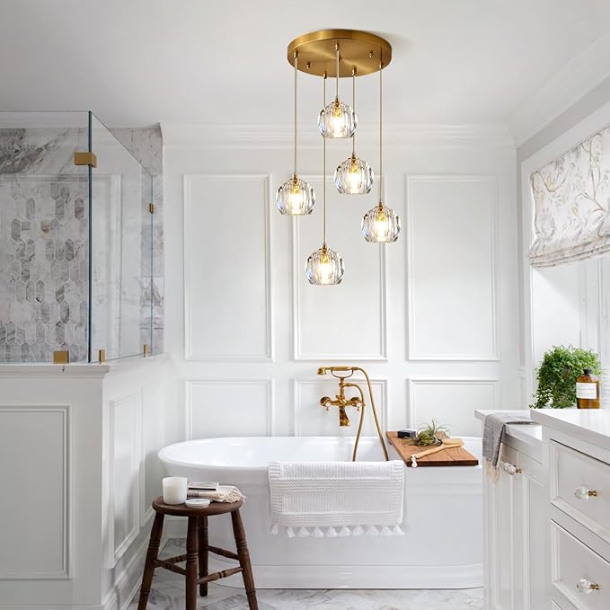 Mid Century 5-Lights Cluster Pendant Lighting Modern Gold Crystal Kitchen Island Pendant Light Multi Light Brass LED Pendant Light Fixture Clear Bubble Round Dining Chandelier