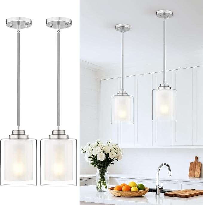 TENGXIN Modern Pendant Light,6-in Brushed Nickel Modern Pendant Light for Kitchen Island,Hanging Ceiling Light Fixture,Farmhouse Pendant Lighting for Dining Room Bedroom Office 2Pack,TXPLBN02-2PK-L