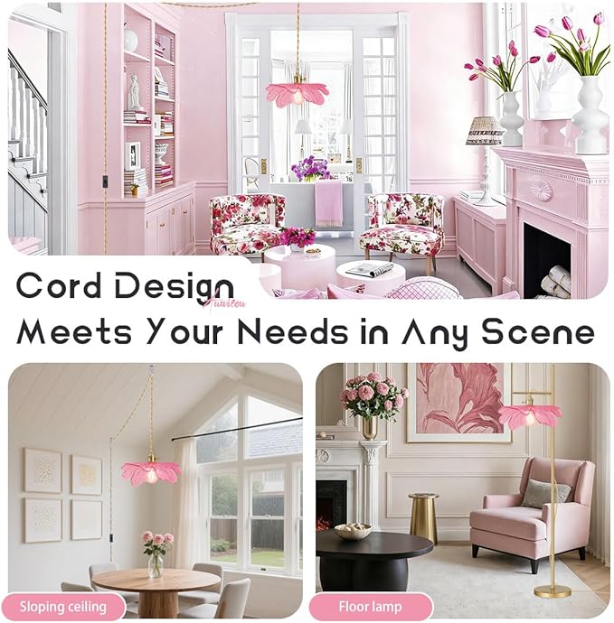 Pink Glass Flower Petal Hanging Light Plug in Pendant Light for Ceiling, 15.7" Gold Mid Century Boho Ceiling Pendant Lighting for Bedroom Living Dining Room, Beautiful Light Fixtures