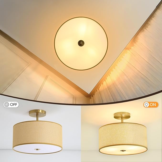 Fabric Semi Flush Mount Lighting Fixture, Modern Semi Chandeliers, Drum Farmhouse Ceiling Light, Beige Fabric Shade 3-Light for Kitchen Island Bedroom Hallway Foyer, E26, W12xH14
