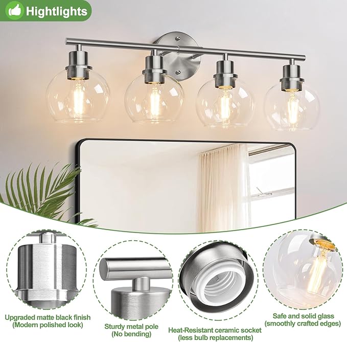 Indoi 4-Light Bathroom Light Fixtures, Brushed Nickel Modern Vanity Lights Over Mirror with Clear Glass Globe Shade, Bathroom Wall Sconces for Mirror Kitchen Living Room Hallway Cabinet Bedroom Porch