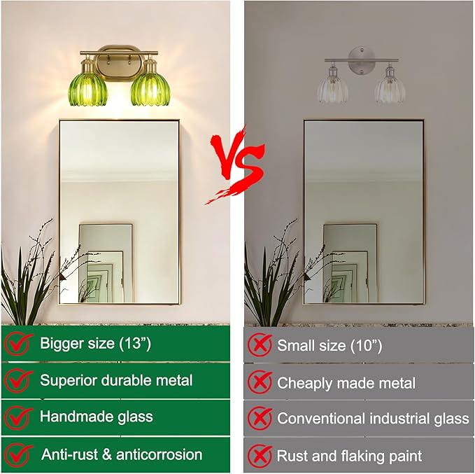 Bathroom Light Fixtures, 2-Light Gold Bathroom Vanity Light with Ribbed Green Tulip Glass Shade, Brass Wall Scone Lighting Over Mirror for Bedroom, Living Room, Hallway