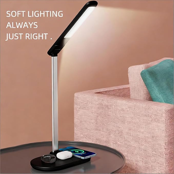 IHAO 3in1 Wireless Charging Eye-Care Desk Lamp 15W Fast Charging Station for Phone, Smartwatch & Earbuds, Touch Control Dimmable LED Light Adjustable Gooseneck, Modern Office Table Lamp-HYT2096 Black
