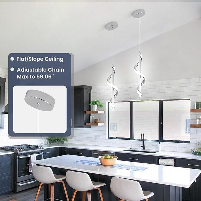 CANEOE Modern Led Pendant Light Fixture, 5500K Cool White Spiral Integrated LED Hanging Lamp, Adjustable Height Island Light Fixture for Kitchen Sink Living Room Dining Room Bedroom,1 Pack