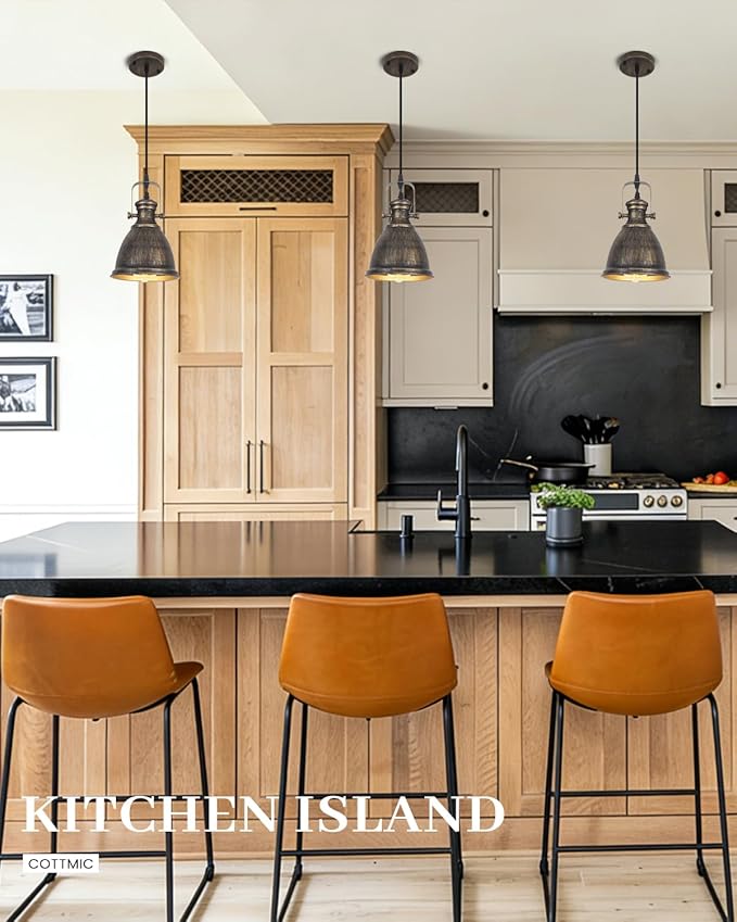 Bronze Pendant Lights Kitchen Island 3 Pack, Vintage Pendant Light, 6.5’’ Farmhouse Kitchen Light Fixtures, Adjustable Height, Pendant Lighting for Dining Room, Living Room, Sink, Bar