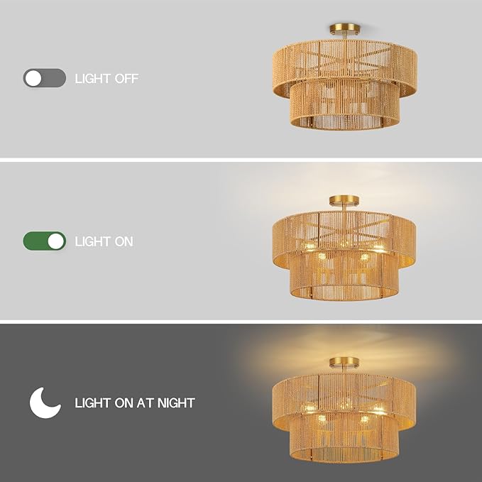 22” Boho 2-Tier Rattan Ceiling Light Fixture, 5-Light Flush Mount Woven Chandelier for Bedroom, Dining Room, Kitchen, Entryway, Living Room, Rustic Gold Lighting