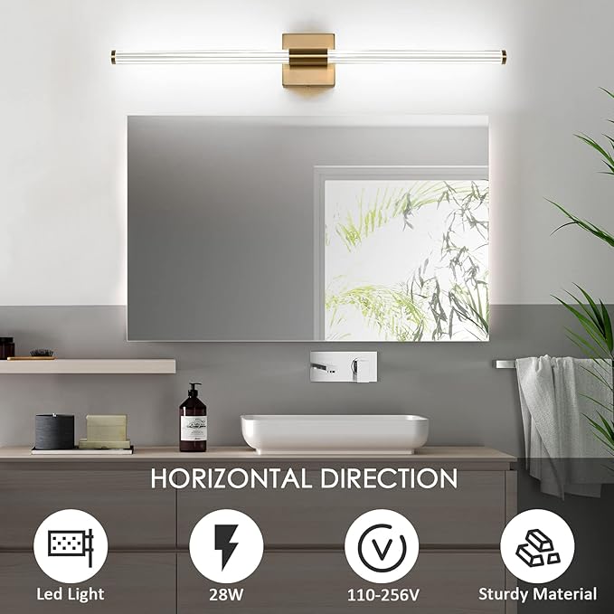 Modern LED Vanity Light, 360° Full Lighting Bathroom Light Fixture Over Mirror, 28W 5500K Cool White, Hardwired Wall Sconce, 31.6 Inch, Brass