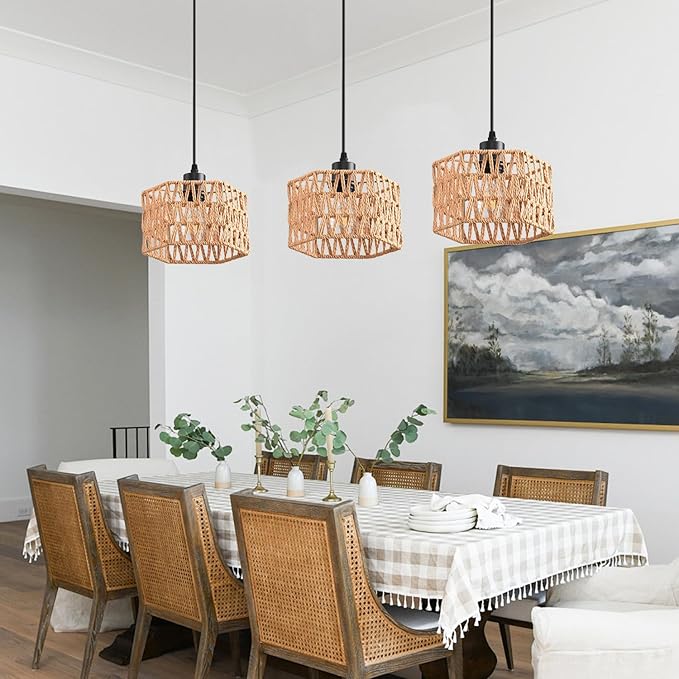 Woven Pendant Light Boho Chandelier, Rattan Pendant Lights Kitchen Island, Farmhouse Pendant Lighting with Hand Woven Wicker Shade, Boho Chandelier Light Fixtures Ceiling Hanging Light