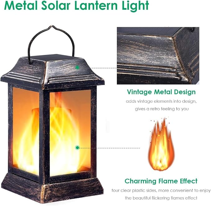 TomCare Solar Lights Metal Flickering Flame Solar Lantern Outdoor Hanging Lanterns Lighting Heavy Duty Solar Powered Waterproof LED Flame Lights for Patio Garden Christmas Decorations, 4 Pack (Bronze)