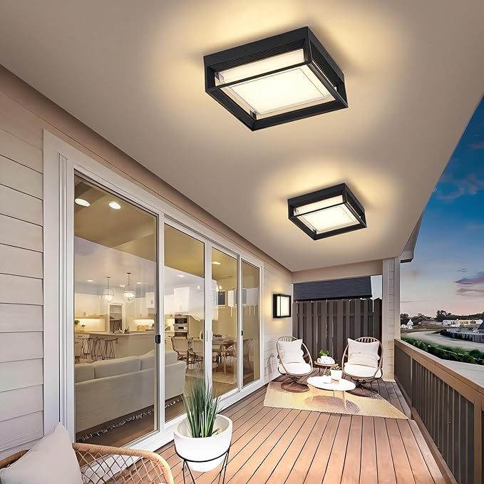 Square Flush Mount Outdoor LED Ceiling Light Fixture, 120V 24W 3000K 9 inch Medium Overhead Porch & Patio Lights Ceiling Mounted, Waterproof Suitable for Wet Areas, Black