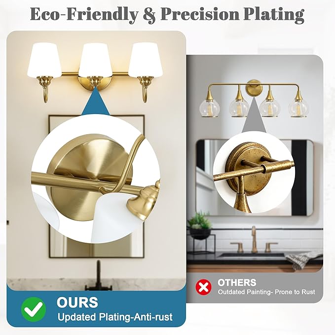 LASENCHOO 3 Lights Bathroom Vanity Light Vintage Bathroom Lighting Fixtures Over Mirror, Brass Wall Sconce Modern Wall Lights for Bedroom Living Room Hallway with Milky Glass Shade, E12 Socket
