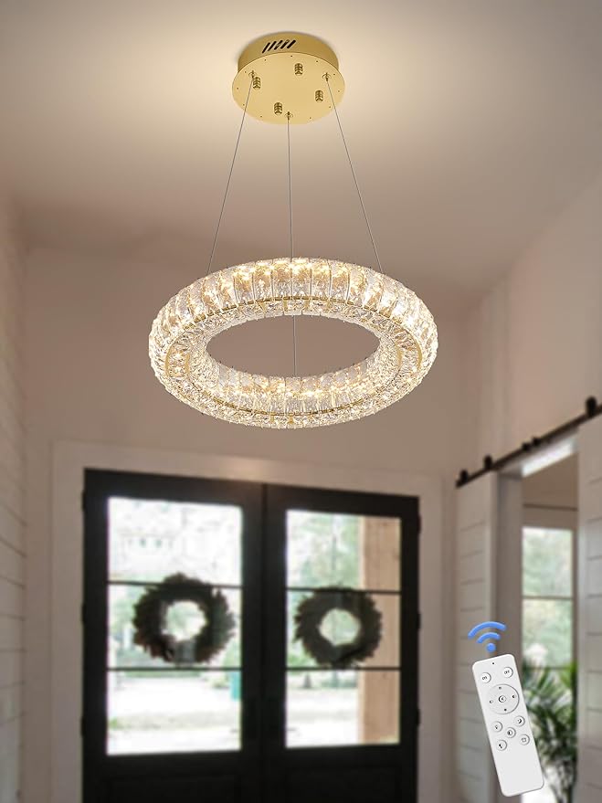 Modern LED Gold Ring Chandelier Dimmable Gold Crystal Ring Pendant Light Adjustable Round Crystal Chandelier Light for Dining Room Living Room 15.7in