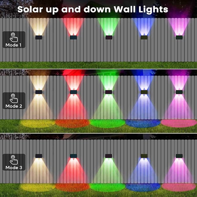 Fence Lights Solar Powered, 12-Pack Solar Fence Lights Up/Down Flexible Buttons, IP67 Waterproof for Outdoor, 100LM Bright, Auto Dusk to Dawn for Wall/Stairs/Yard/Railing/Deck/Pathway (White & RGB)