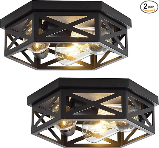 2 Pack Industrial 3-Light Semi Flush Mount Ceiling Light Fixture,Farmhouse Black Sputnik Ceiling Lighting, Modern Chandelier E26 Base Pendant Lamps