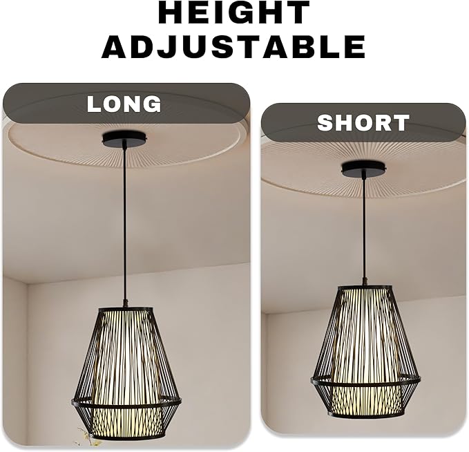Boho Rattan Pendant Light, 12" Handwoven Bamboo Wicker Basket Shade Pendant Light Fixture, Natural Rustic Farmhouse Chandelier for Kitchen Island, Dining Room, Bedroom