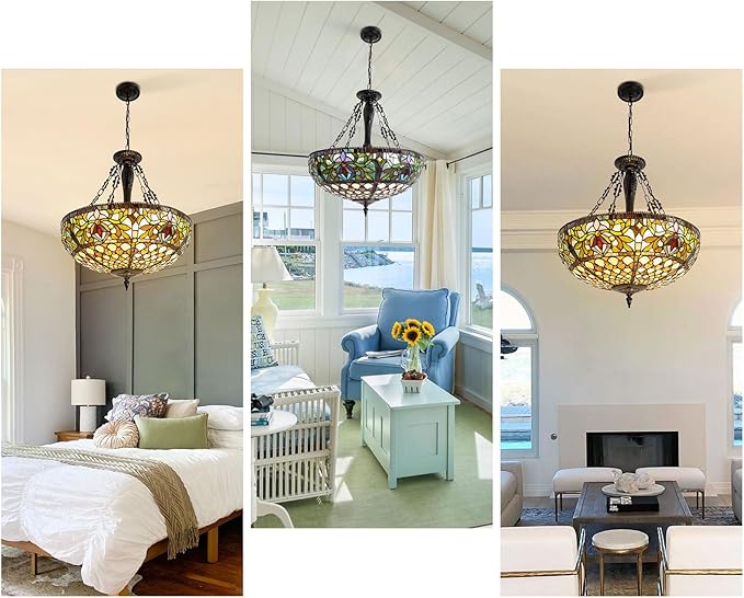 Pendant Light fixtures 20 Inches Wide 5 Light Hanging Lamp Victorian Style Stained Glass Chandeliers for Dining Living Room Kitchen Island Entryway