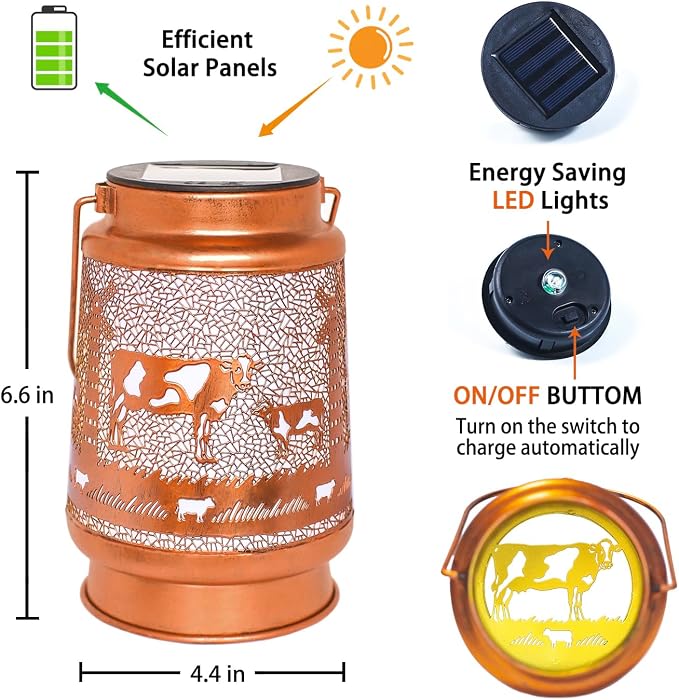 EZTZEN Cow Solar Lanterns Outdoor Waterproof Hanging Solar Lights Cow Gifts for Women Men Metal Decorative LED Cow Lanterns for Garden Decor,Yard,Patio,Lawn,Tabletop,Pathway,Landscape, Brown