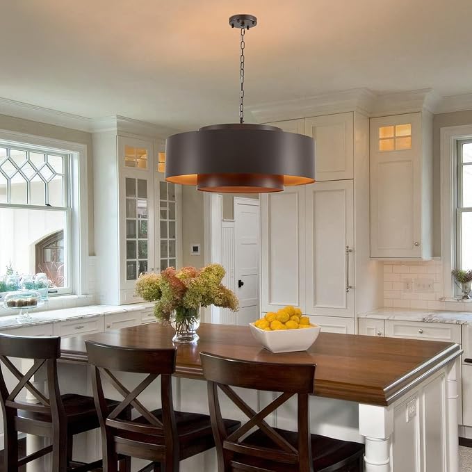 D30 Modern Geometric Metal Drum Pendant, Oil-Bronze Round Farmhouse Chandelier Industrial Pendant Light for Kitchen Island Dining Room Living Room