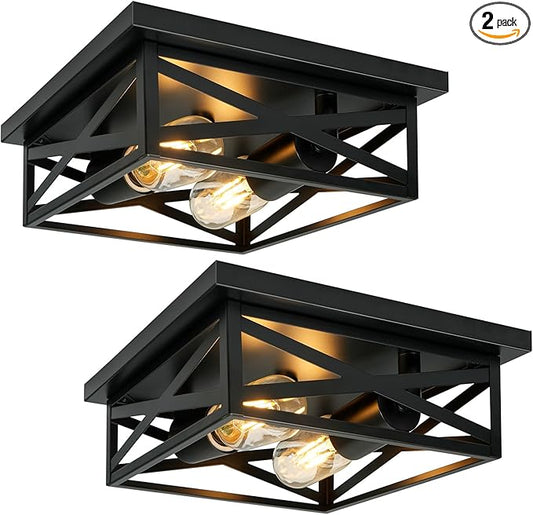 2-Light Flush Mount Ceiling Light Fixture, Square Farmhouse Ceiling Lights for Kitchen, Modern Black Close to Ceiling Light for Hallway Bedroom Balcony Porch Stairway, E26, (2 Pack)