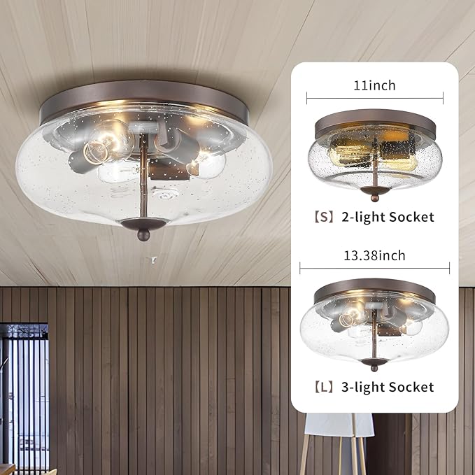Darkaway Large Ceiling Light Fixtures 3-Ight Flush Mount Indoor Outdoor Ceiling Light with Seeded Glass Shade for Hallway Kitchen Bedroom Porch Living Room Dining Room Bronze Finish