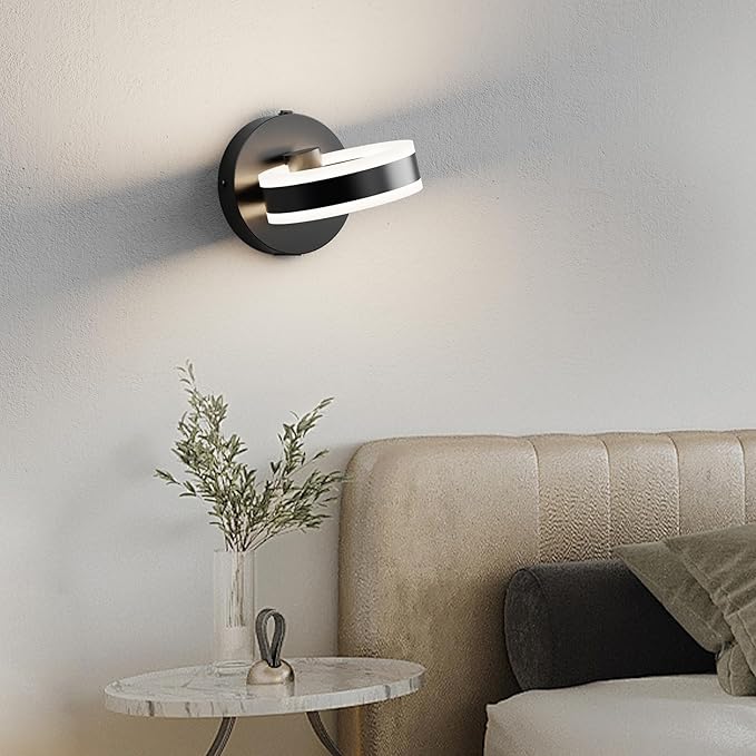 LED Wall Sconces Set of Two with ON/Off Switch, Matte Black Rotatable Hardwired Wall Light Fixtures, Built in USB Charging Port, Modern Wall Decor for Bed Lighting.