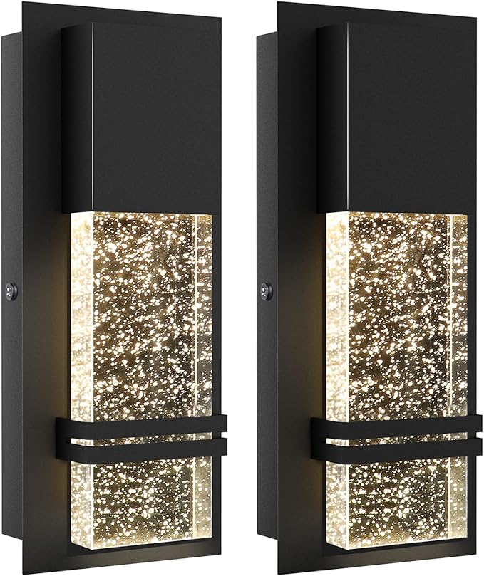 LED Integrated Outdoor Wall Light, Modern Exterior Wall Sconce with Crystal Bubble Glass, 12W 3000K Wall Mount Lighting Matte Black Finish Porch Light for Living Room Entryway Doorway 2 Pack
