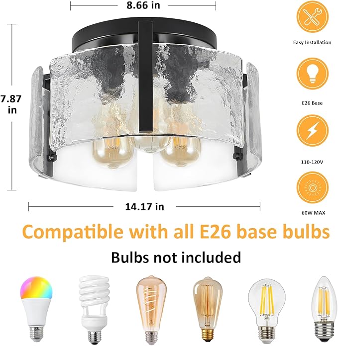 Black Semi Flush Mount Ceiling Light Fixture, 3-Light Modern Hallway Light Fixtures Ceiling Mount, Foyer Kitchen Lighting Fixtures Ceiling Lights for Bedroom, Bathroom, Laundry Room, Entryway, Hallway
