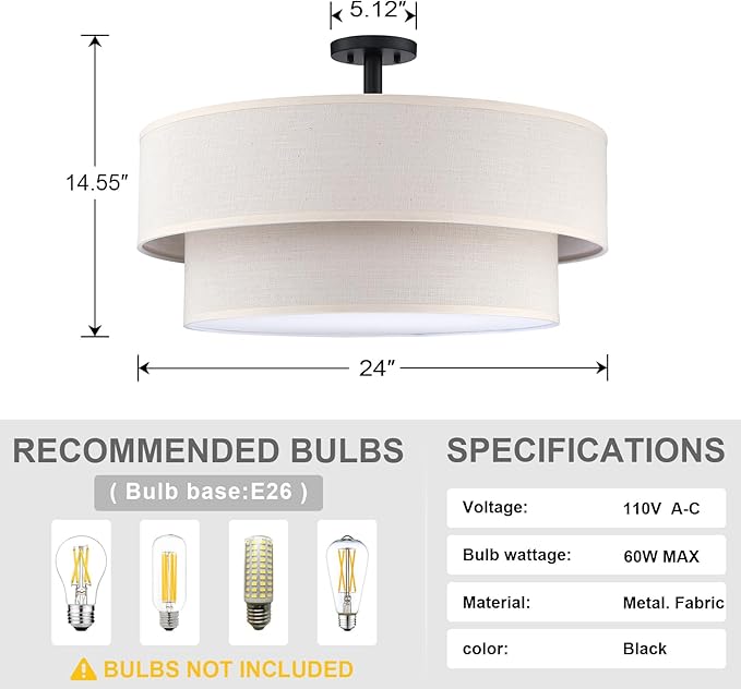 5 Light Semi Flush Mount Close to Ceiling Light Fixture,Cream Linen Fabric Shade Black Finish 24 inch for Bedroom,Living Room,Dining Room Hallway