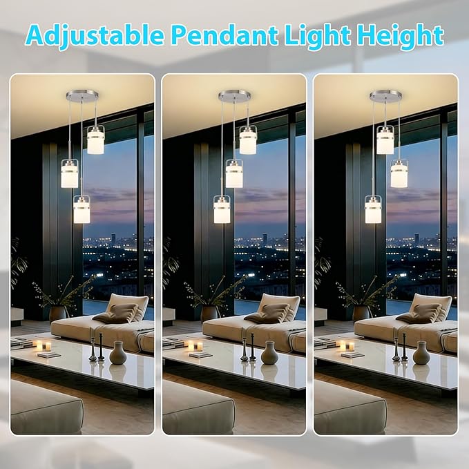 Nickel 3-Light Pendant Lighting, Adjustable Cluster Hanging Light Fixture with Milk Glass Shade, Modern Pendant Light for Kitchen Island Dining Room Bar