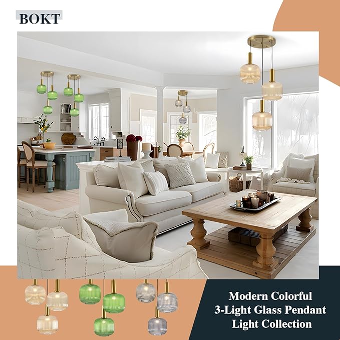BOKT Green 3-Light Cluster Pendant Lights Mid Century Modern Ceiling Hanging Lighting 7.9" Farmhouse Gold Pendant Lights Kitchen Island with Ribbed Hand Blown Glass for Living Room Dining Room