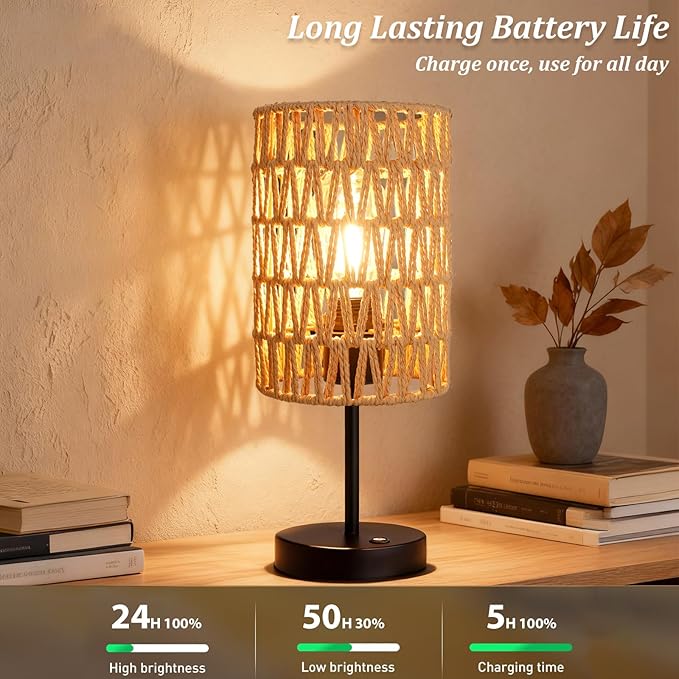 Rechargeable Outdoor Table Lamps, Rattan Boho Cordless Battery Operated Table Lamps, Patio Lamp for Living Room, Balcony, Bedside Decor- Set of 2 (Beige)