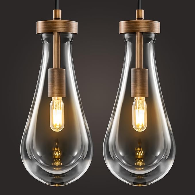 Raindrop Pendant Lights Kitchen Island: 2 Brown Teardrop Hanging Light - Crystal Pendants Lighting over Dining Table - High Ceiling Raindrops Lights Fixture for Bedroom Kitchen Island Bulbs Included