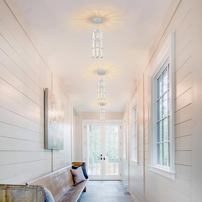 Chrome Pendant Lighting, Modern Crystal Mini Pendant Light Fixture, Adjustable 3-Pack Chandeliers for Kitchen Island, Dining Room, Bedroom